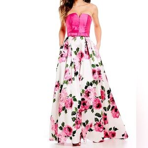 Strapless Bow Waist Floral Ball Gown Dress 🌸